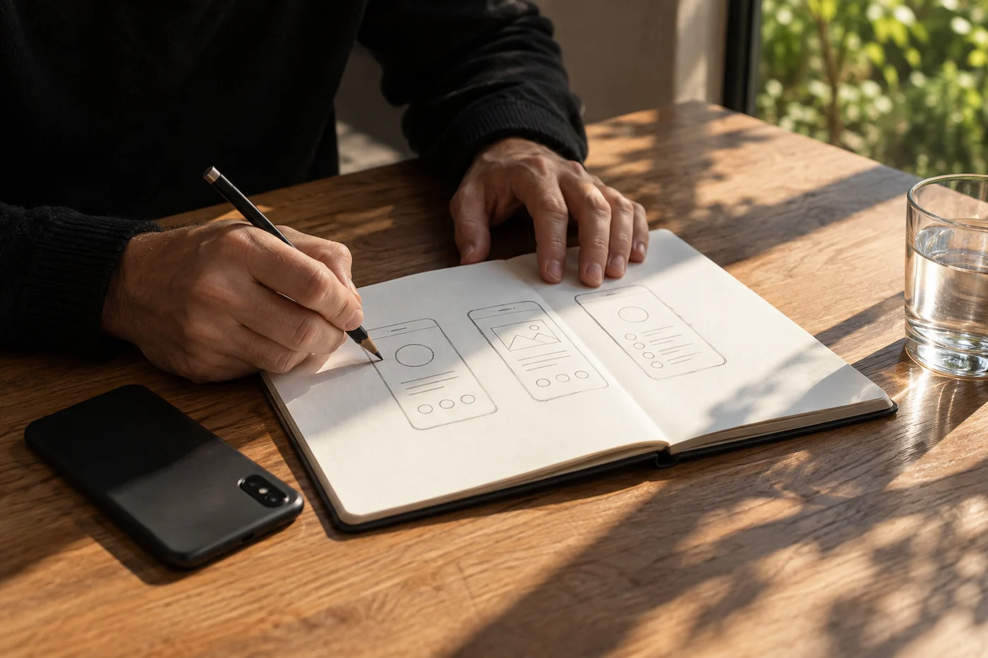 Hands sketching ideas for a thoughtful digital experience.