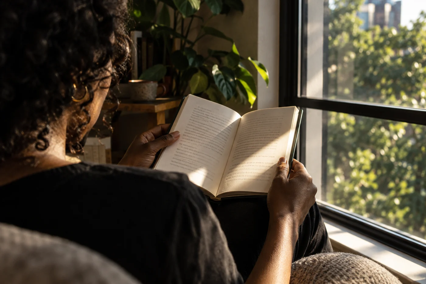 A reader immersed in a book by a sunlit window.